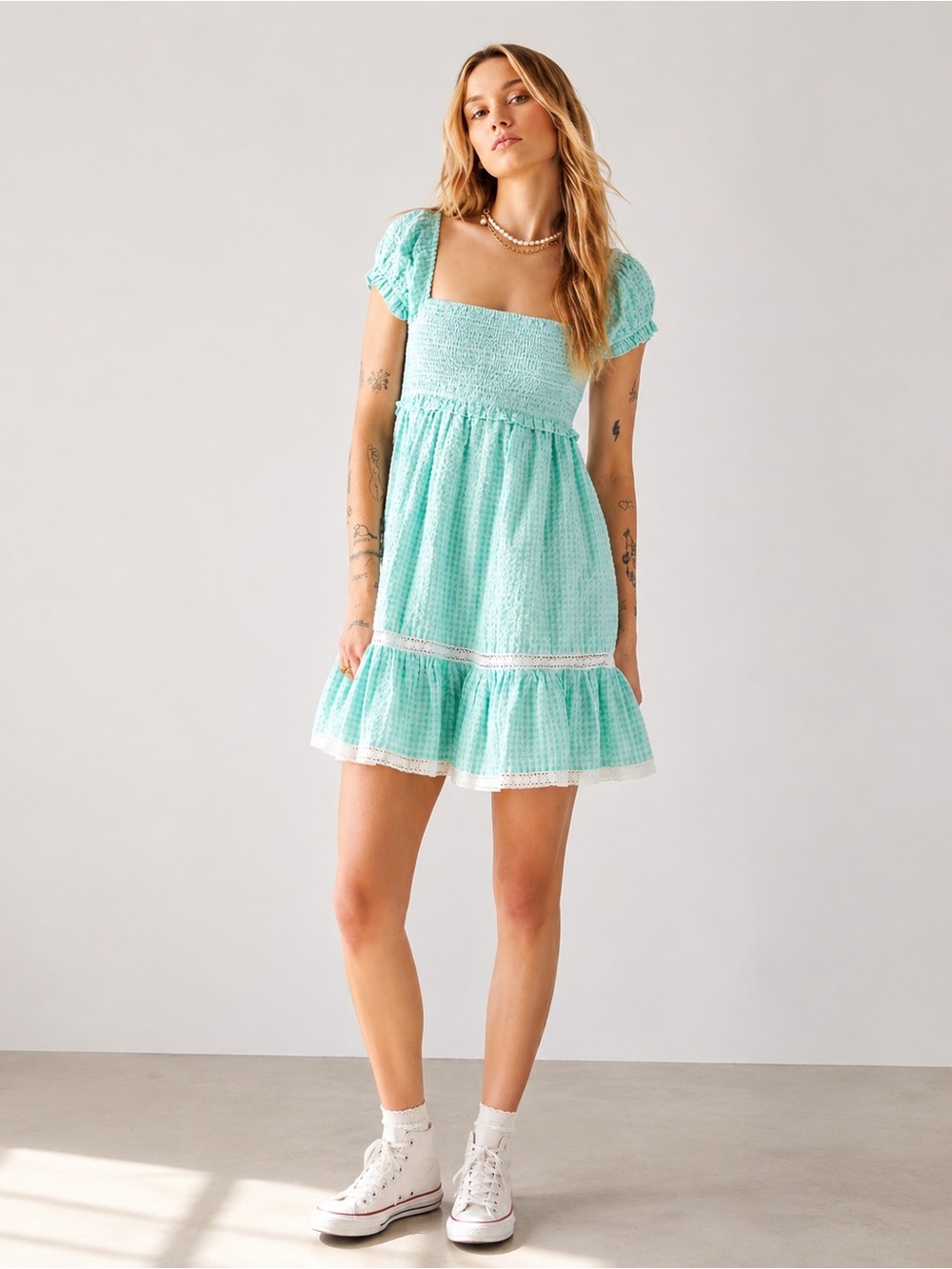 Urban Outfitters Marseille Gingham Seersucker Babydoll Mini Dress Mint Small
